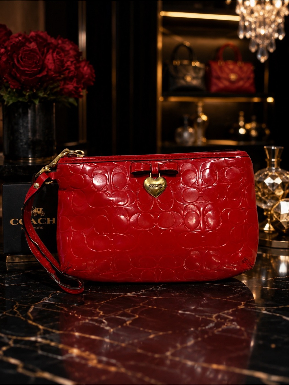 Coach Vintage Red Patent Embossed Leather Signature Bow Wristlet W/ Heart Charm